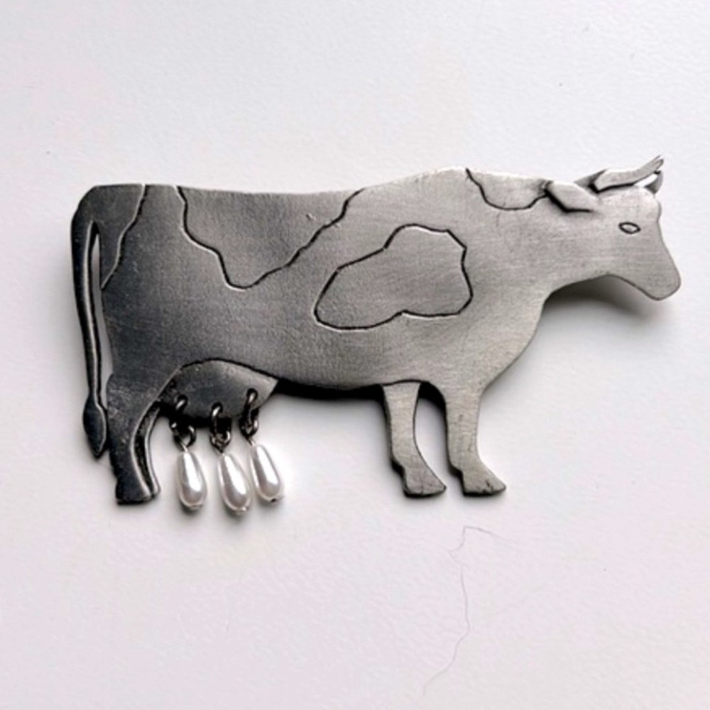 Silver Cow Faux Pearl Brooch by JJ